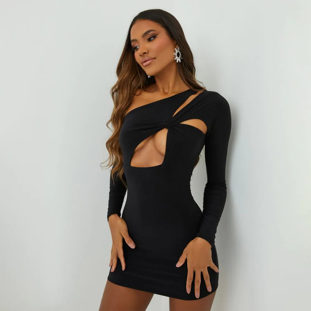 Long Sleeve Twisted Cut Out Detail Mini Bodycon Dress In Black Slinky