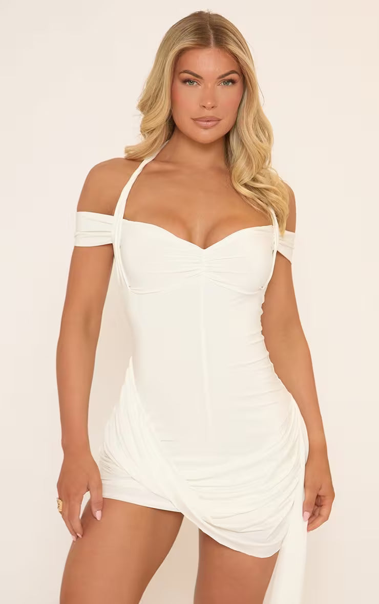 Halterneck Bardot Ruched Draped Front Detail Mini Dress In White