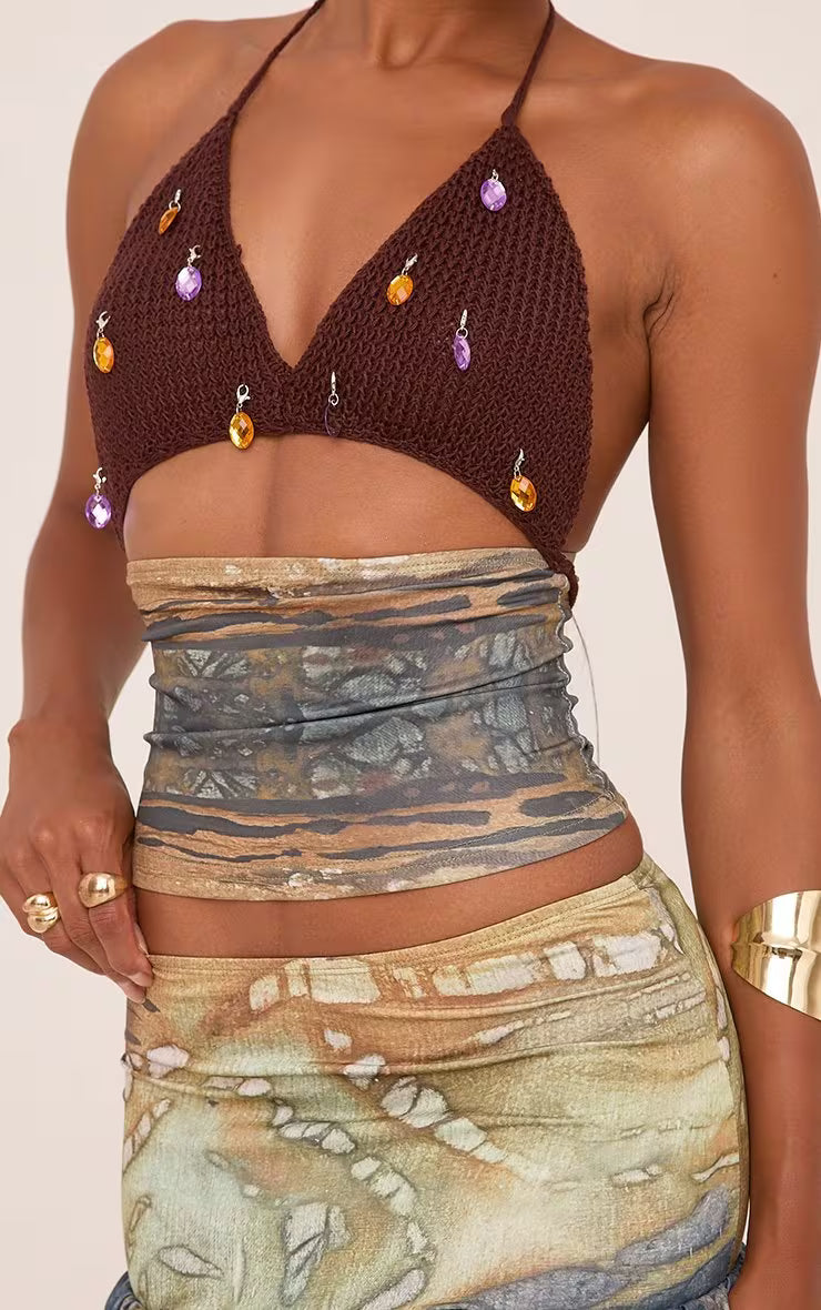 Ego - Halterneck Jewelled Detail Cut Out Mini Dress In Multi Abstract Print SET