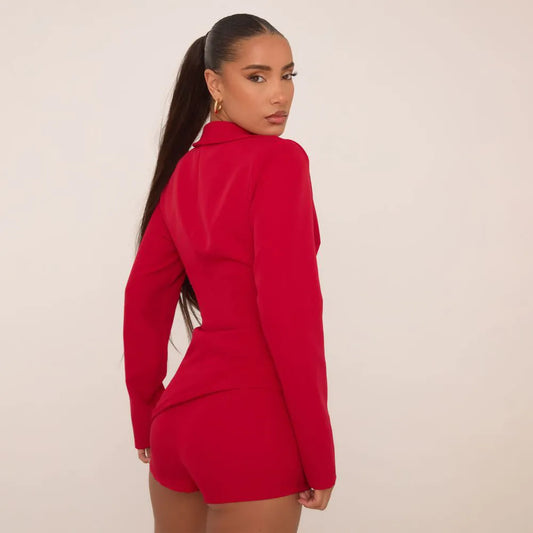 Long Sleeve Shoulder Pad Ruched Asymmetric Cropped Blazer In Red Woven