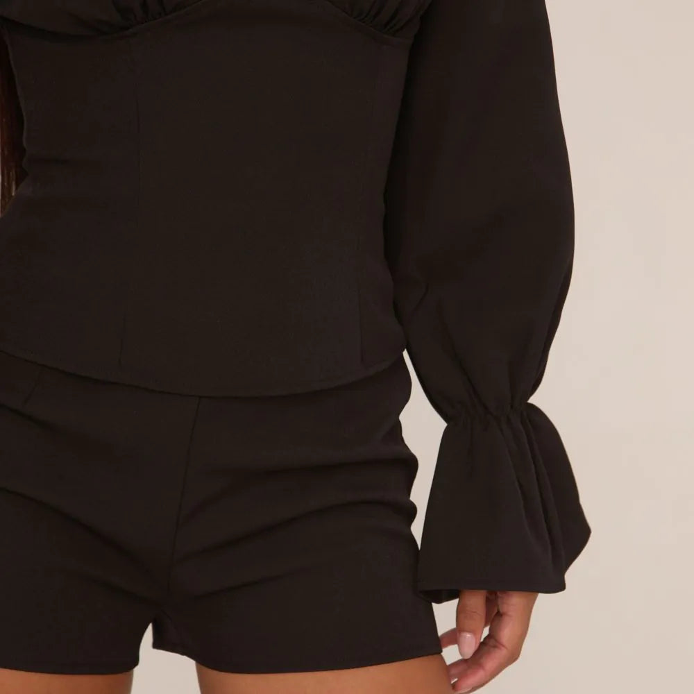 Long Puff Sleeve Bardot Fitted Top In Black Woven