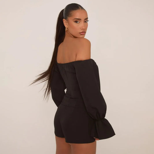 Long Puff Sleeve Bardot Fitted Top In Black Woven