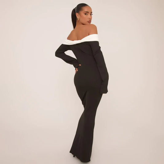 Long Sleeve Contrast Bardot Maxi Dress In Black