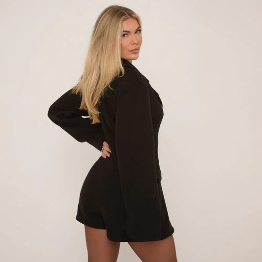 Long Sleeve Pocket Detail Wool Look Blazer Playsuit In Black