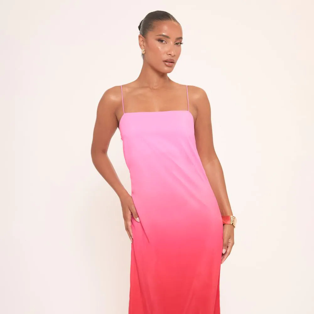 Square Neck Strappy Maxi Dress In Pink Ombre Print