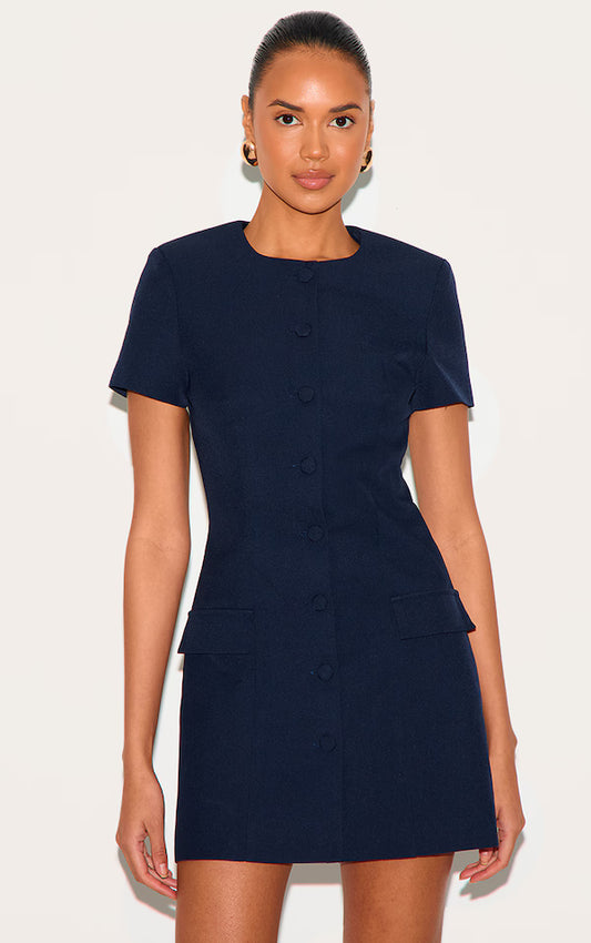 Navy Woven Tailored Short Sleeve Mini Dress