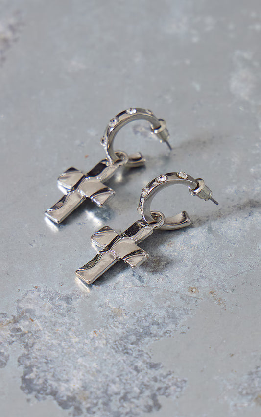 Silver Cross Single Hoop Earrings