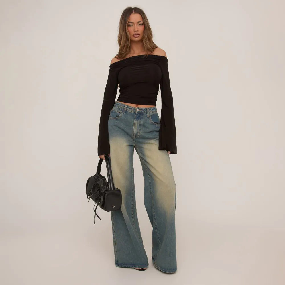 Bardot Flared Sleeve Top In Black Slinky