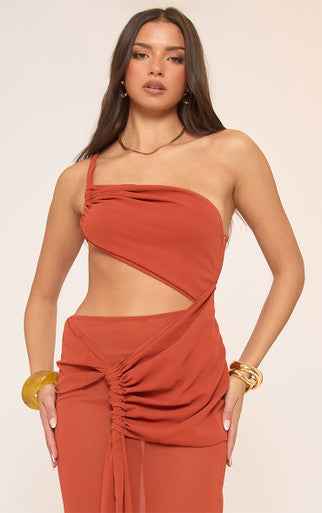 Ego - One Shoulder Asymmetric Ruched Drape Detail Maxi Dress In Orange Chiffon