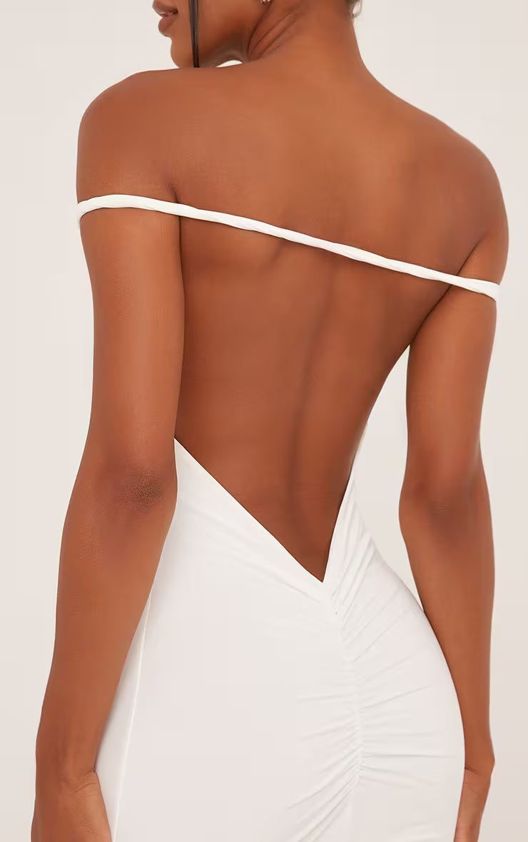 Ego - Bardot Twist Strap Detail Open Back Mini Bodycon Dress In White Slinky