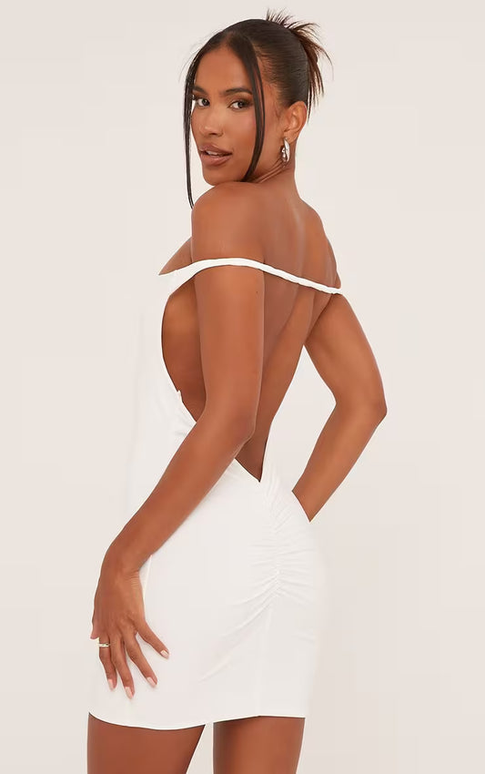 Ego - Bardot Twist Strap Detail Open Back Mini Bodycon Dress In White Slinky