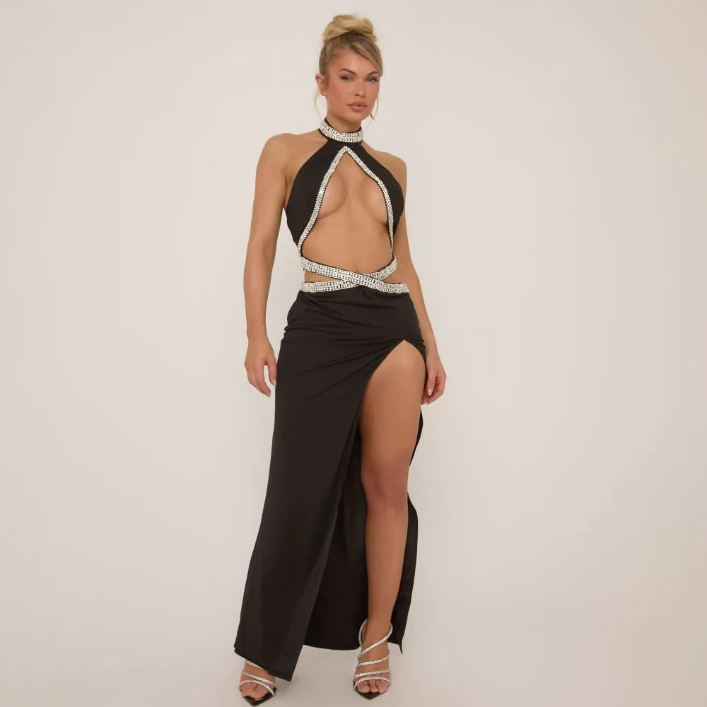 High Neck Diamante Trim Detail Cut Out Side Split Maxi Dress In Black
