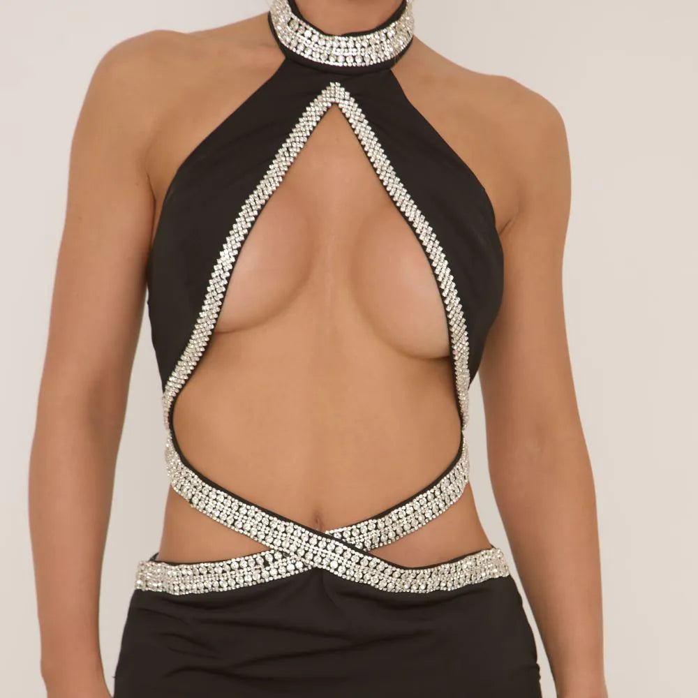 High Neck Diamante Trim Detail Cut Out Side Split Maxi Dress In Black
