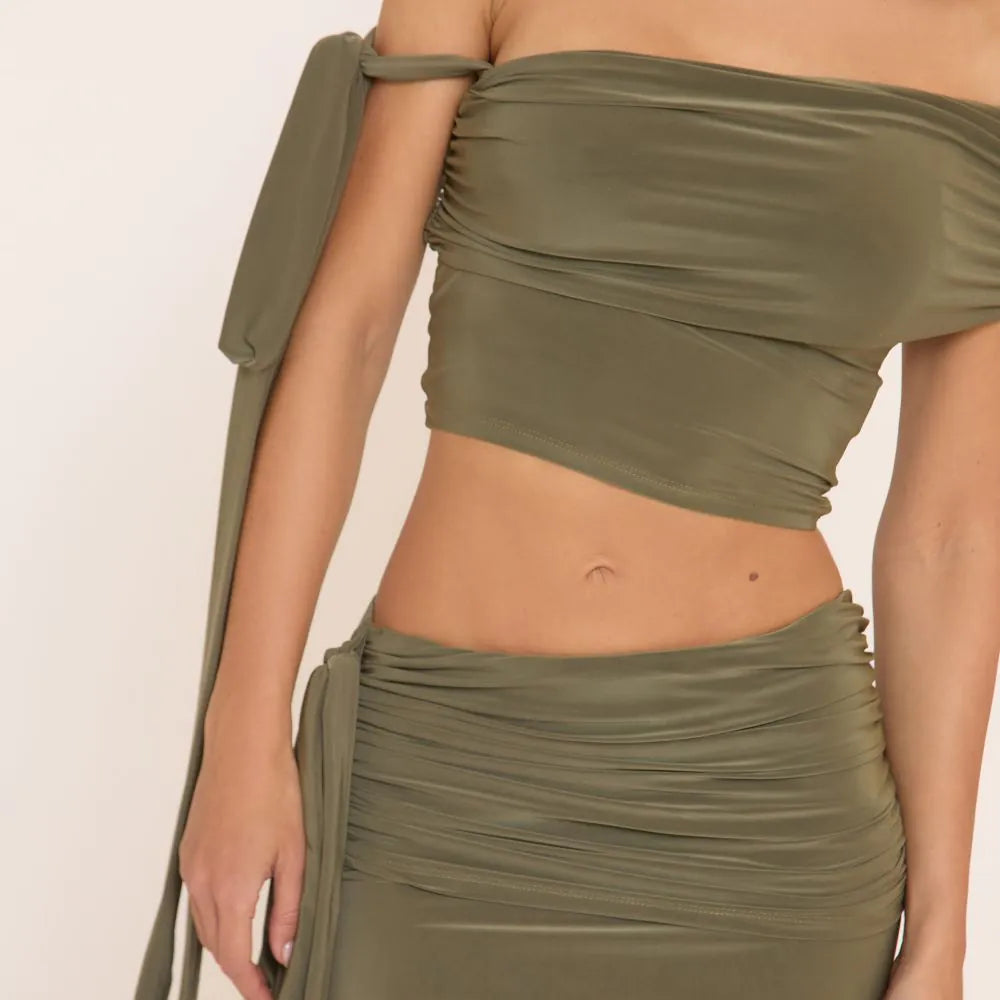 Off The Shoulder Tie Detail Crop Top In Green Slinky