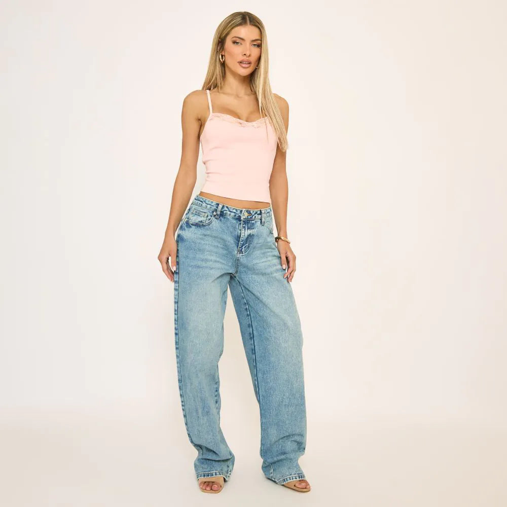 Lace Trim Strappy Bengaline Cami Top In Pink