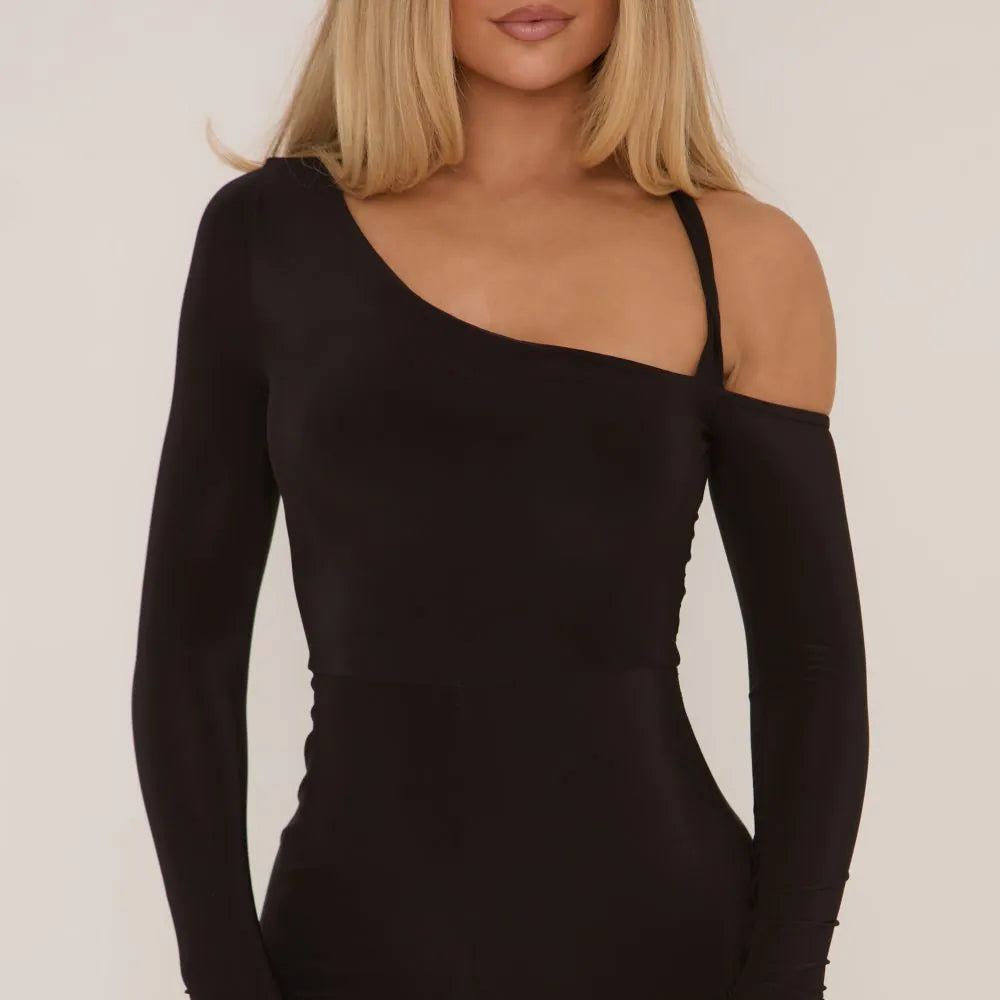 Asymmetric Long Sleeve Flared Jumpsuit In Black