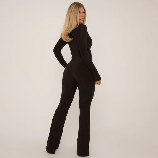 Asymmetric Long Sleeve Flared Jumpsuit In Black