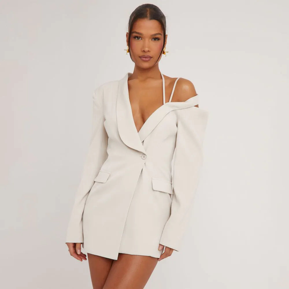 Strappy Detail Blazer Dress In Stone Woven