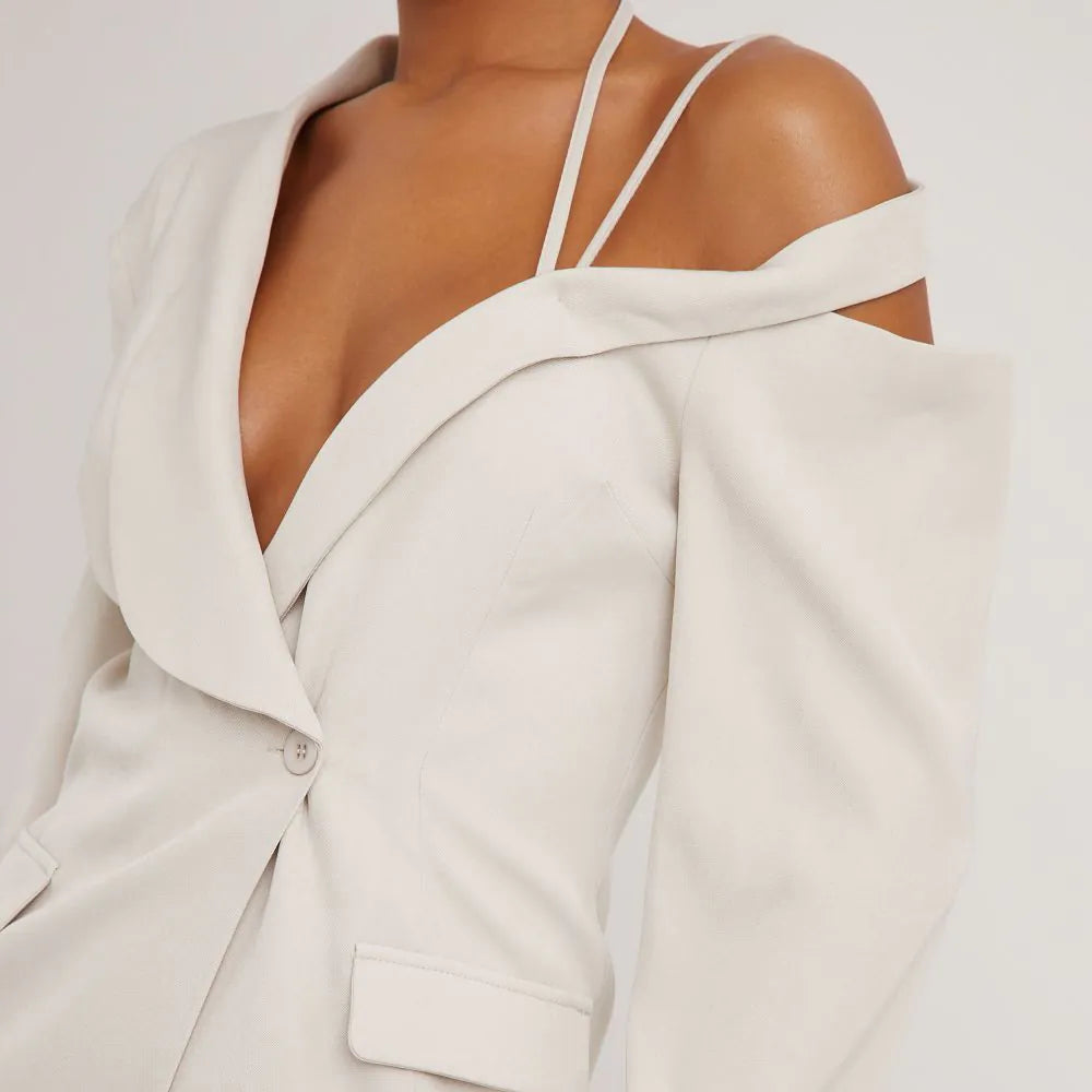 Strappy Detail Blazer Dress In Stone Woven