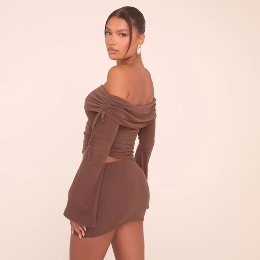 Fold Over Bardot Long Flared Sleeve Asymmetric Top In Chocolate Brown Brushed Rib
