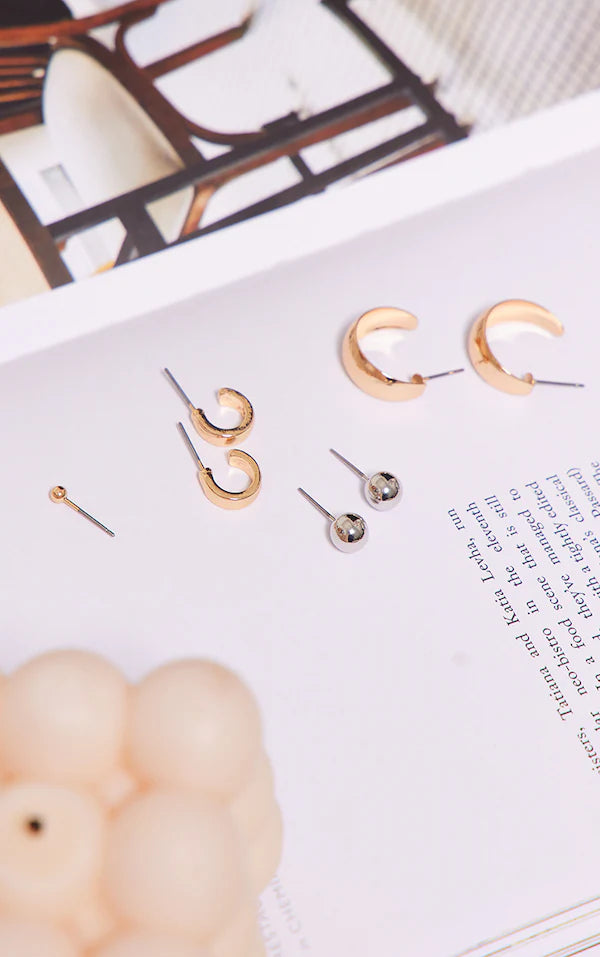 Gold Mixed Metal Hoop, Cuff & Stud Ear Stack