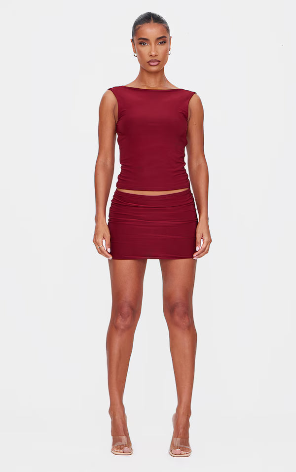 Burgundy Low Rise Slinky Micro Mini Skirt