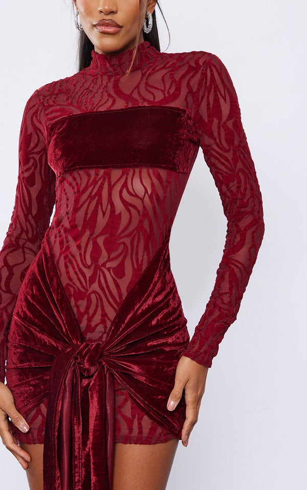 Burgundy Flocked Mesh Drape Tie Bodycon Dress