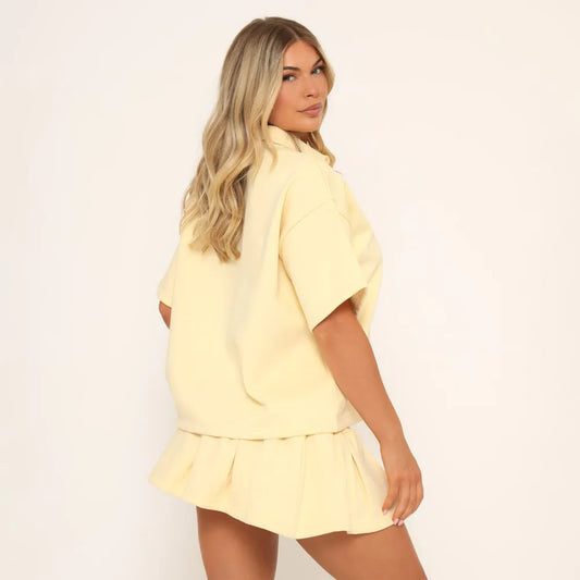 Short Sleeve Polo Collar Detail Oversized Sweatshirt In Yellow