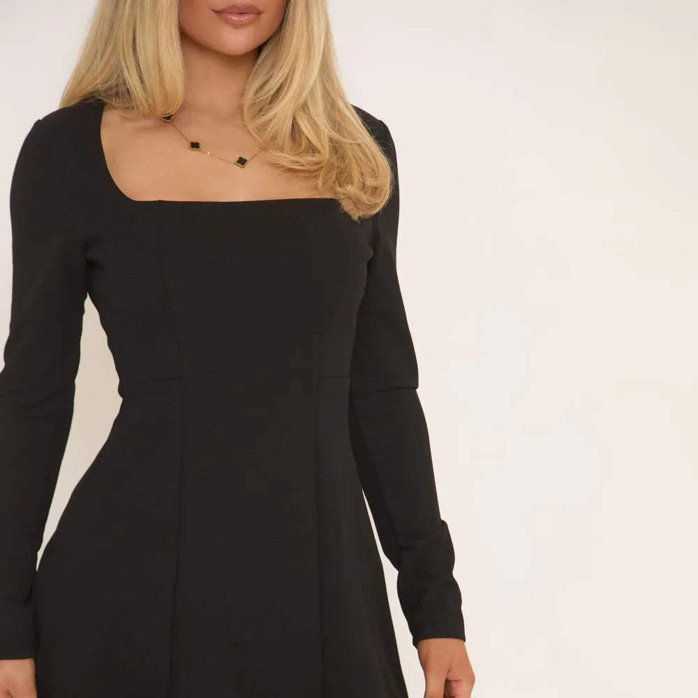 Long Sleeve Square Neck A Line Mini Dress In Black