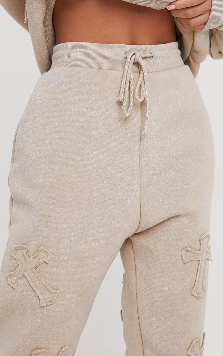 High Waist Cross Patch Detail Oversized Straight Leg Joggers In Acid Wash Stone