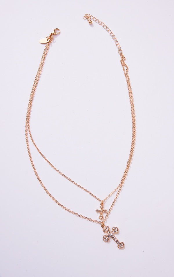 Gold Layered Chain Jeweled Cross Necklace