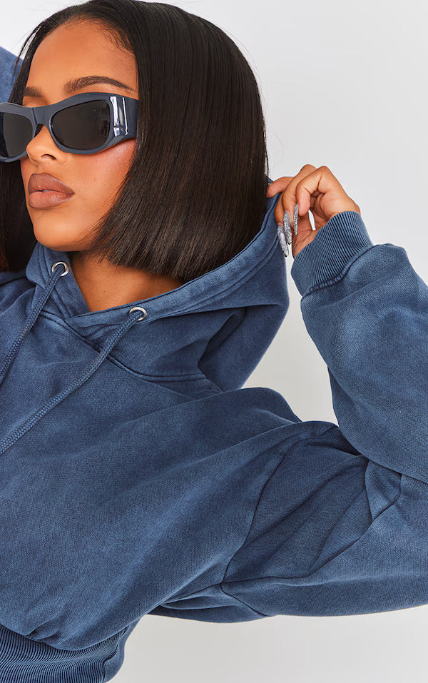 Shape Blue Sweat Cropped Shirred Waist Hoodie