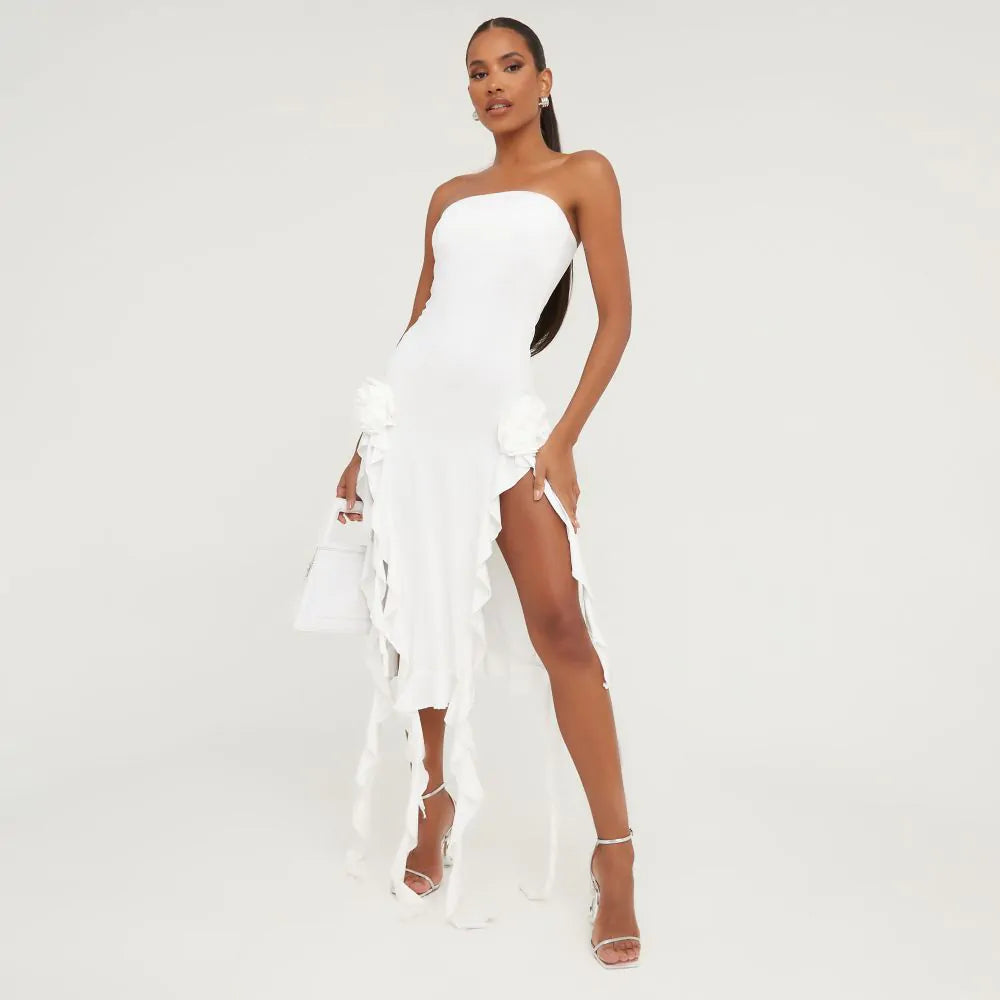 Bandeau Frill Rose Maxi Mesh Dress In White