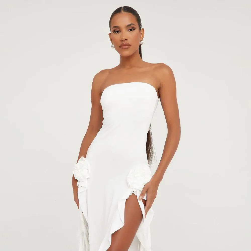 Bandeau Frill Rose Maxi Mesh Dress In White