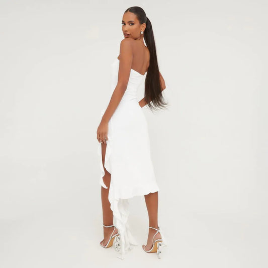 Ego - Bandeau Frill Rose Maxi Mesh Dress In White