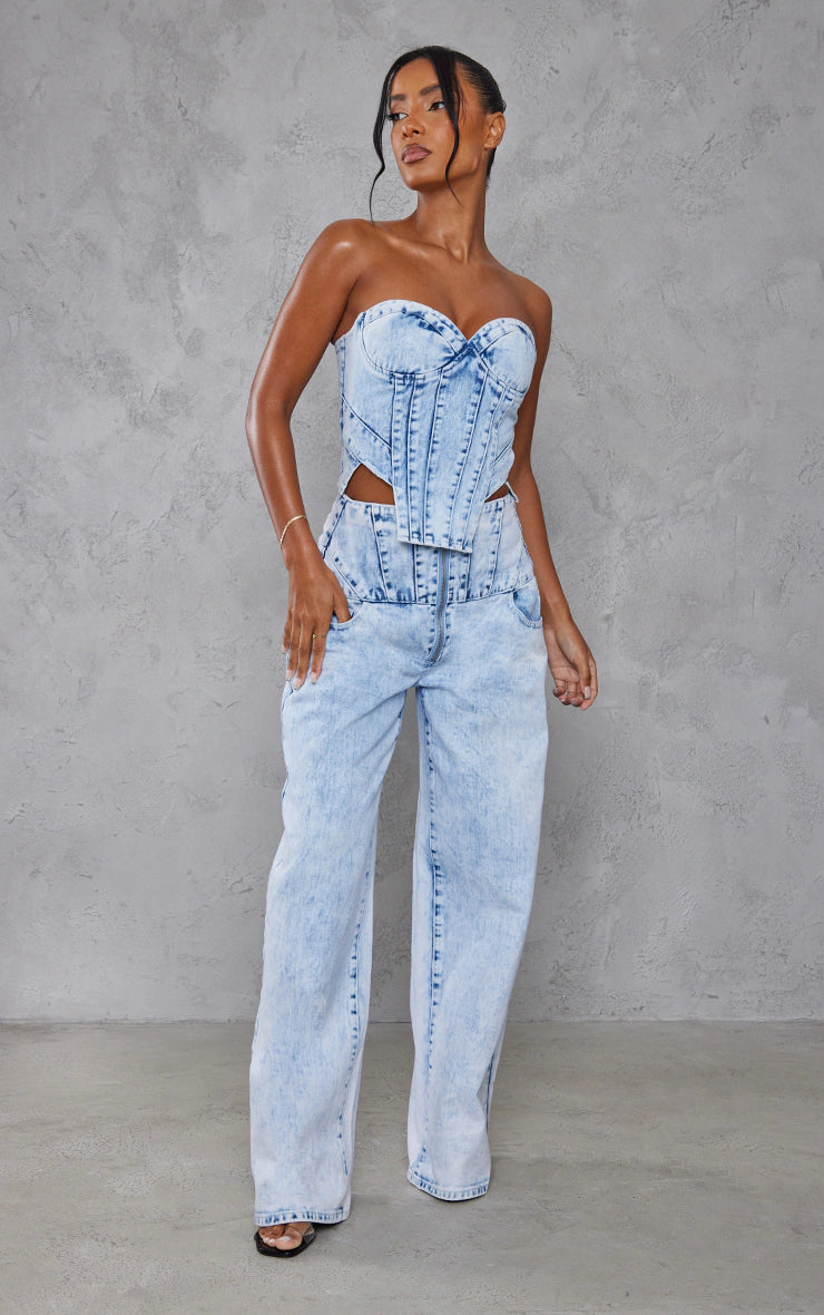 Light Blue Acid Wash Seam Detail Corset Denim Top