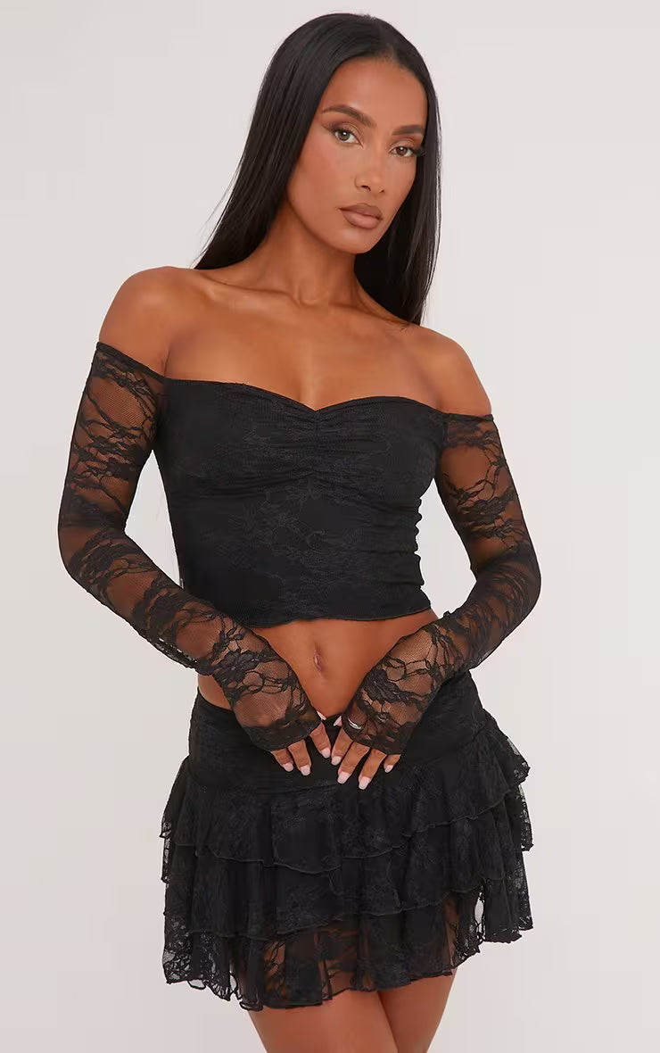 Ego - Low Rise Frill Detail Layered Mini Skirt In Black Lace
