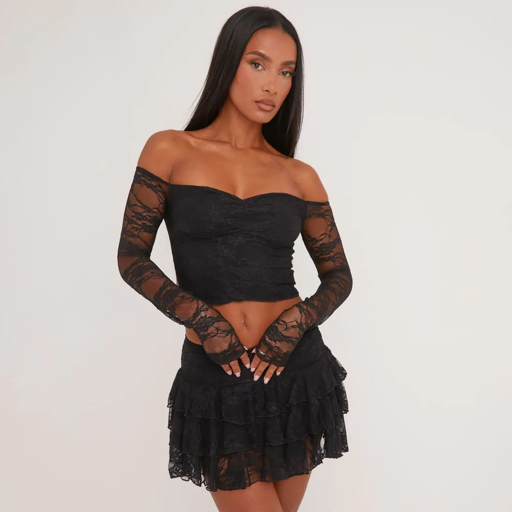 Bardot Crop Top In Black Lace