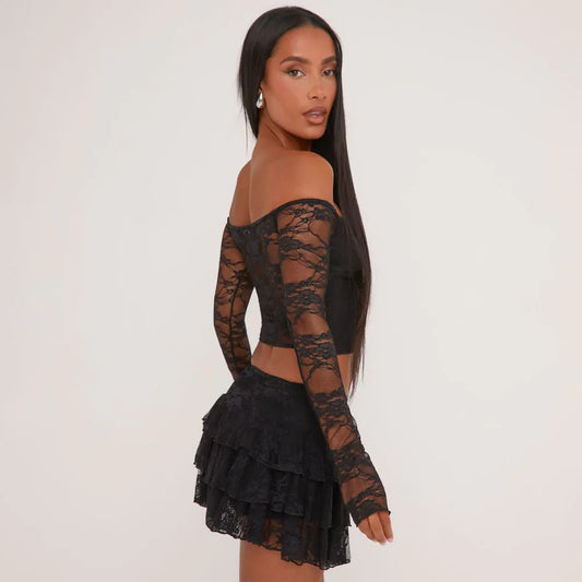 Bardot Crop Top In Black Lace