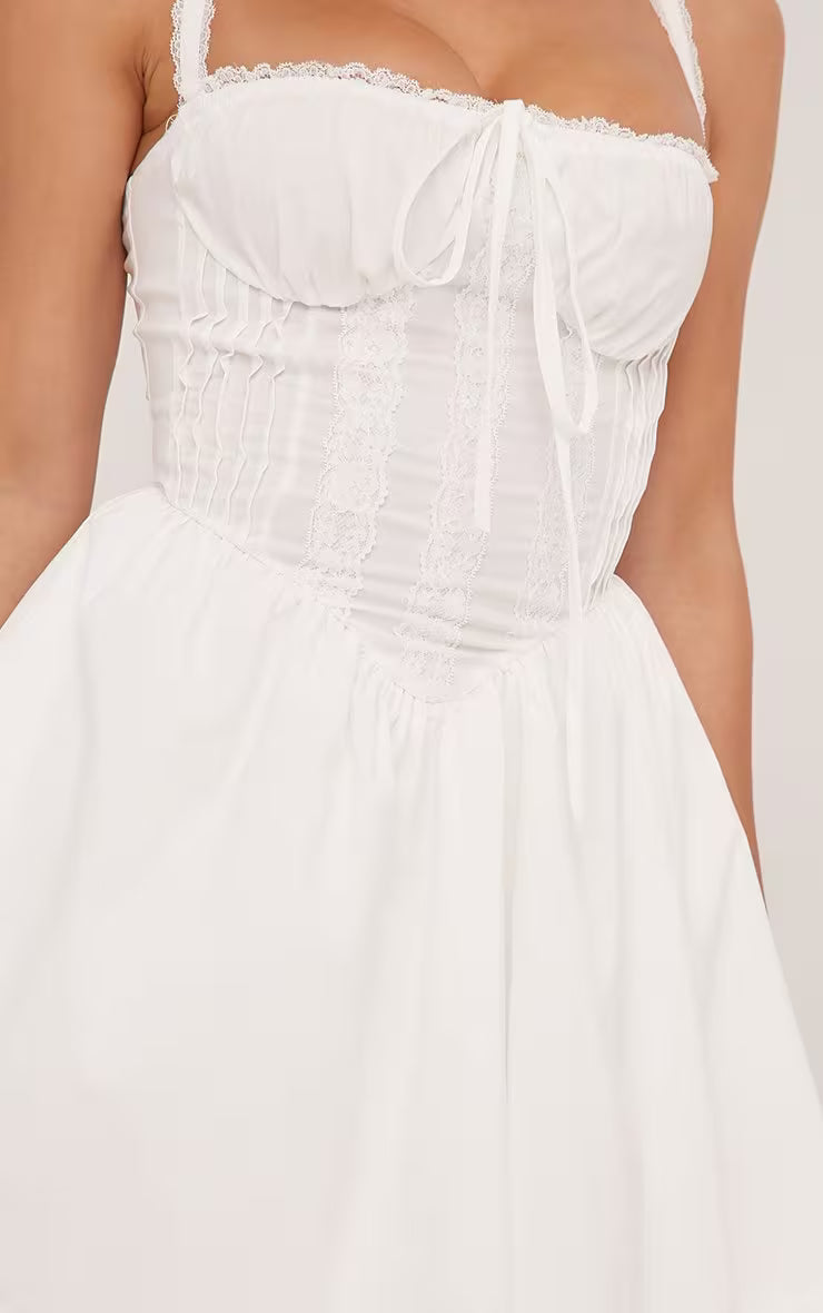 Ego - Strappy Square Neck Lace Trim Corseted Mini Skater Dress In White