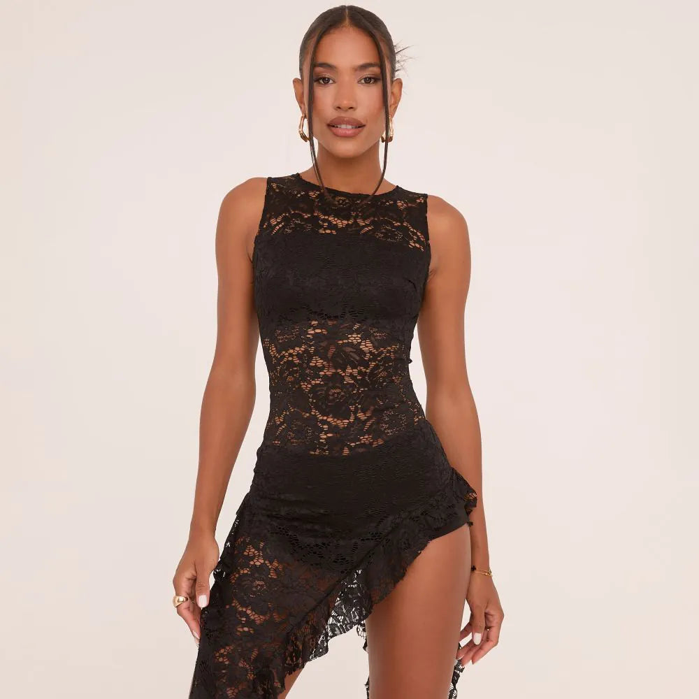 High Neck Frilly Playsuit In Black Lace