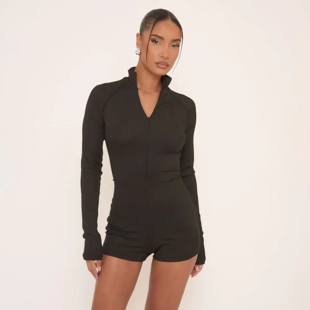 Long Sleeve Zip Up Playsuit In Black
