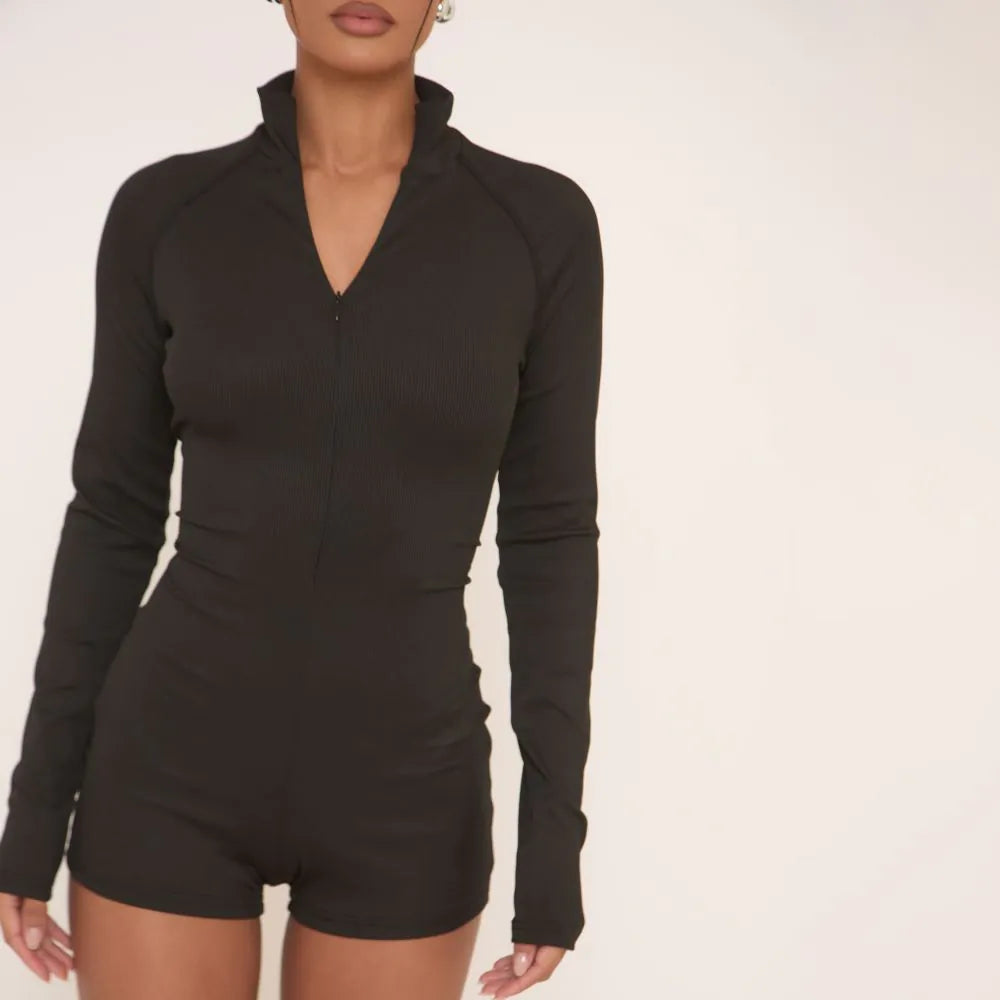 Long Sleeve Zip Up Playsuit In Black