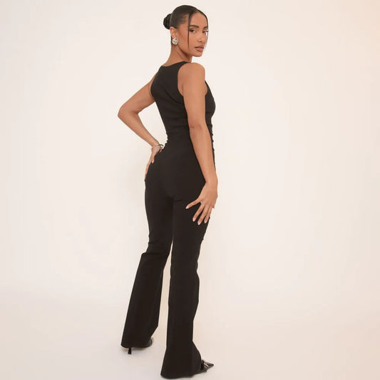 Square Neck Flared Jumpsuit In Black