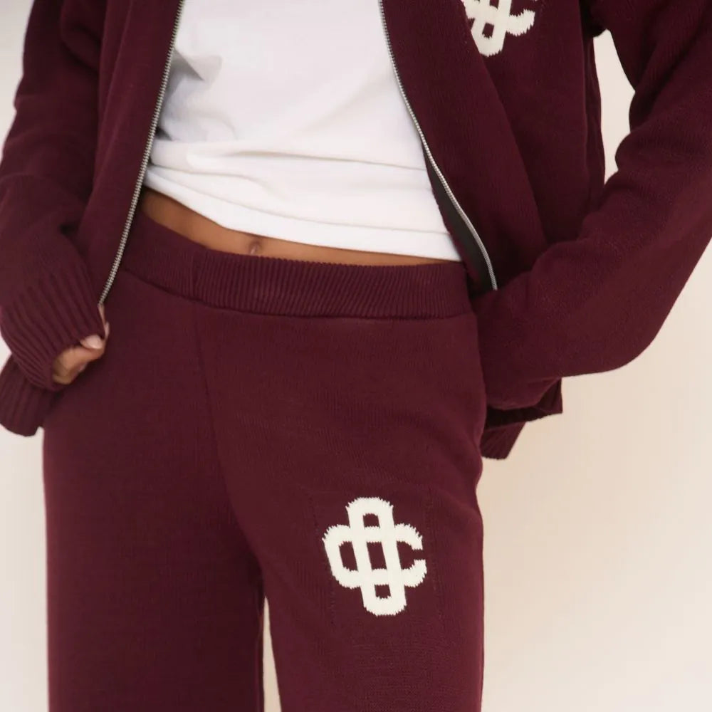 High Waist Contrast Swirl Wide Leg Trousers In Burgundy Knit