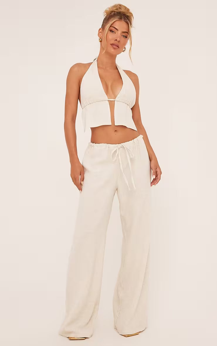 Halterneck Split Hem Tie Back Top In Stone Linen