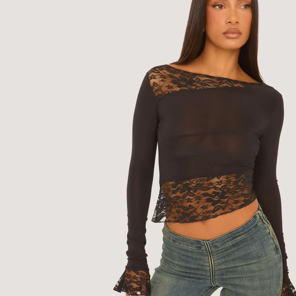 Long Frill Sleeve Lace Detail Asymmetric Top In Black