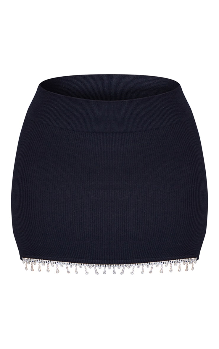 Petite Black Diamante Detail Contour Rib Bodycon Skirt