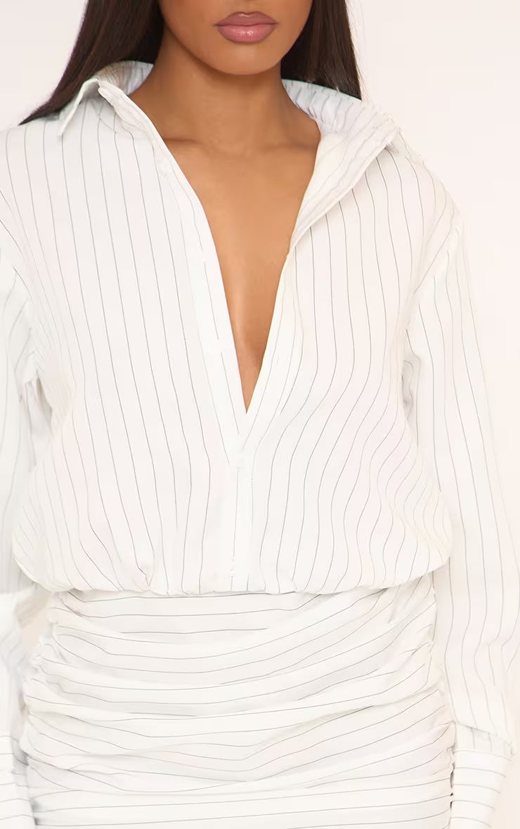 Long Sleeve Ruched Mini Shirt Dress In White Pinstripe