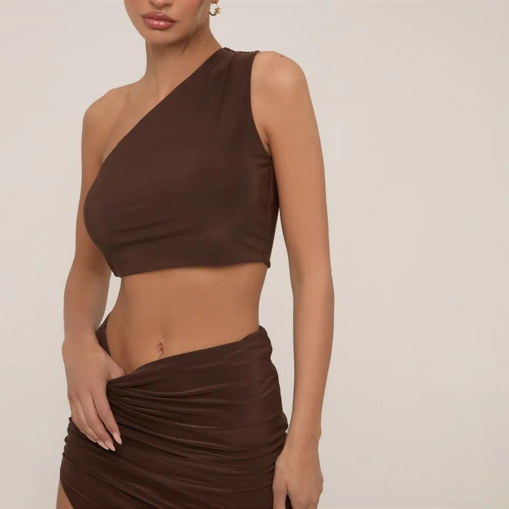 One Shoulder Double Layer Crop Top In Chocolate Brown Slinky